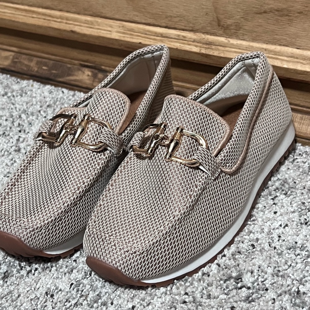 Beige Mesh Slip-On Loafers with Gold Bit Detail
